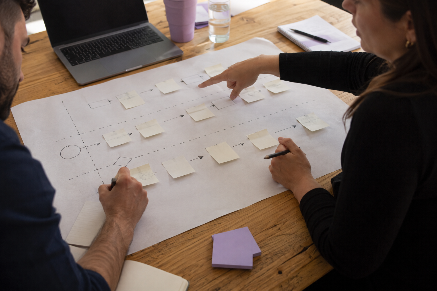 Two people mapping a register process on a large sheet of paper with sticky notes and pencils